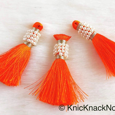 Various Colours Tassels With White Pearls Beads, Tassel Charms, Nylon Tassels x 6
